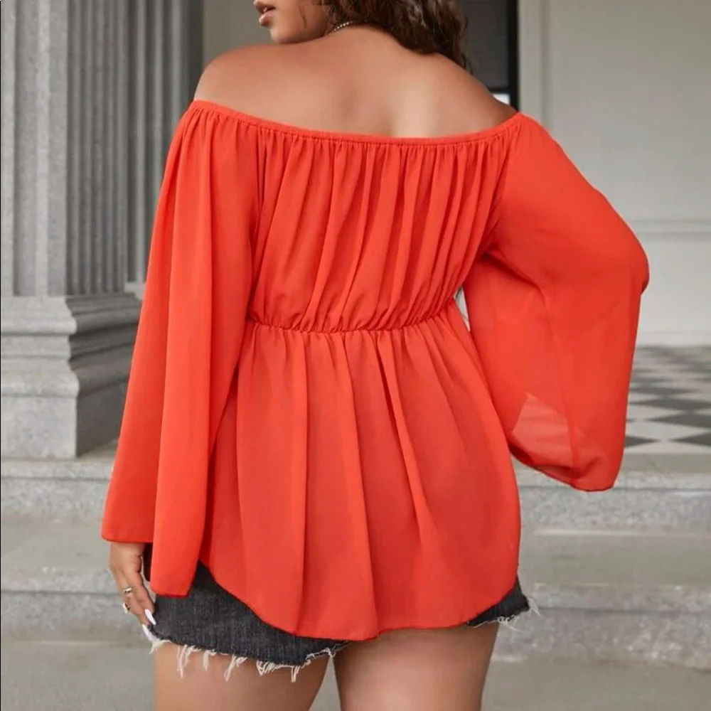 Boho Plus Size Off Shoulder Sheer Open Front Self tie Top Blouse Vibrant Orange - Picture 3 of 10